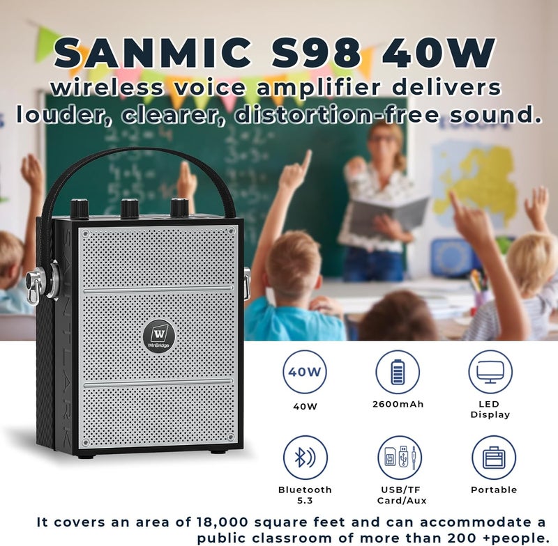 SANMIC مضخم صوت بلوتوث 5.3 مع سماعة ميكروفون لاسلكية، مضخم صوت شخصي لاسلكي للمعلمين، 40 واط مكبر صوت محمول لنظام PA للفصول الدراسية، الخطب، في الهواء الطلق والداخلية - S98 - Image 3